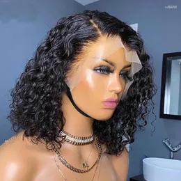Short Curly Human Hair Bob Wig Deep Side Lace Wigs For Women Pre Plucked Peruvian Glueless T Part 180%