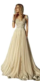 Vintage Champagne Wedding Dresses Boho Beach Chiffon Lace Appliques Short Sleeves A Line Bridal Gowns Robe de mariee