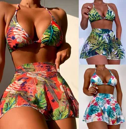 Women's Swimwear Halter Bikini Bandage Swimsuit Push Up Women Plant Print Bath Suit Ruched Biquini Feminino Beach Cover Summer