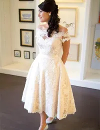 1950s Vintage Tea Length Wedding Dress Off Shoulder Short Sleeve Full Lace A Line Short Bridal Gowns Custom Size 2023