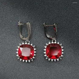 Stud Earrings Style Fashion Square Simulation Red Tourmaline Gem Color Treasure Ear Buckle Female