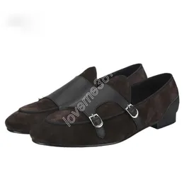 Handgefertigte belgische Double-Monk-Loafer aus dunkelbraunem Wildleder, Patchwork aus schwarzem Kalbsleder, Herren-Smoking-Hausschuhe, Slip-On-Mokassins