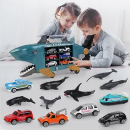 Diecast Model Car Large Shark Truck Toys Ocean Transportation Lagringsbilar med LED Musik Diecast Sliding Container Model Car Gift for Boy 230621