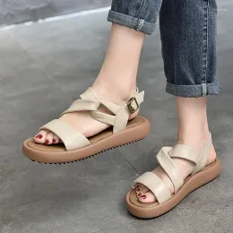 Sandaler Johnature äkta läder Simple Peep Toe Flats 2023 Summer Casual mångsidig bekväm mjuk sula kvinnors skor