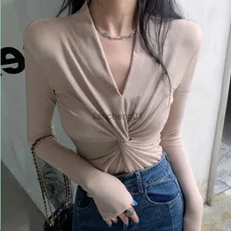 Fashion Women S-3XL Deep Kink V-Neck Long-Sleeve T Shirts Office Sexy Top Tees Solid Color T-Shirt Party Canonical L230619