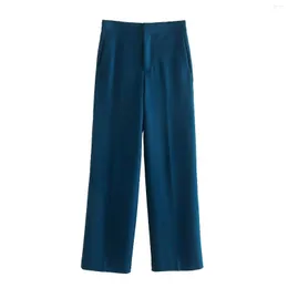 Women's Pants PB&ZA Women 2023 Fashion Blue Spring Pockets Straight Vintage High Waist Zipper Female Trousers Mujer