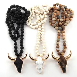 Подвесные ожерелья моды богемные ювелирные украшения с длинными завязанными каменными бусинами 3 цветовой рог подвесной колье для женщин Этническое ожерелье 230621