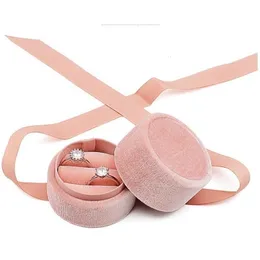 Schmuckschatullen Großhandel für Schmuckverpackungen aus rosa Samt mit runder Schleife für ein Paar Ringe 230621