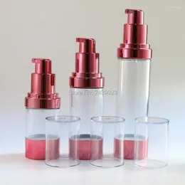 Garrafas de armazenamento ferramentas de maquiagem de alta qualidade rosa vermelha bomba airless pacote cosmético com tampa transparente garrafa recarregável 10 pçs/lote 30 ml