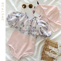 Girls Swimsuit+Hat Summer New Floral Puff Short Sleeve Swimwear One Piece Kids Children Bikini Infantil Beach Wear L230625