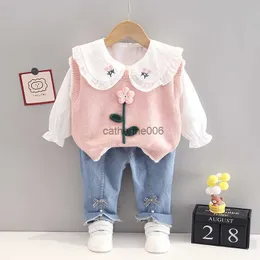 Conjuntos de roupas para bebês recém-nascidos primavera, colete de malha, camisa jeans, terno para meninas, roupas de bebê, conjuntos de roupas de 1º aniversário L230625
