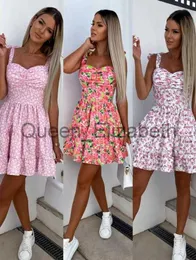 Casual Dresses 2023 Summer Fashion Short Boho Dress Women Mini Floral Print Dress Kvinnlig ärmlös hängande bälte Tryckt midja vikta klänningar J230625