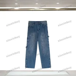 xinxinbuy erkek kadın tasarımcı pantolon paris kabartma mektubu baskı yıkanmış kot pantolon fermuar gündelik pantolon mavi m-2xl