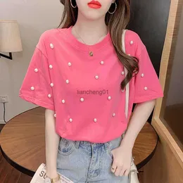 T-shirt a maniche corte con perle estive perline Donna Moda coreana Top in cotone sottile O-Collo S-xl Abbigliamento L230619