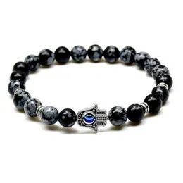 Bracelets Mens Healing Energy Wrist Mala Men's Blue Eye Hamsa Bracelet 8mm Snowflake Obsidian Bracelet