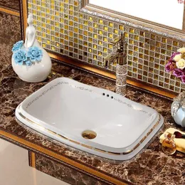 Lavatory wash basin Rectangular Artistic Porcelain Ceramic Semi Countertop Bathroom Sink Art Basin With Overflowgood qty Ciice