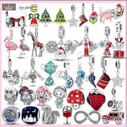 För Pandora Charms smycken 925 charmpärlor Tillbehör Jul Santa Claus Elk Gift Flamingo Snowflake Charm Set