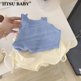 Colete HTSU BABY Meninas Roupas Crianças Alças de Tricô Topo Oco Colete Shorts com Cordão Conjunto de Duas Peças Finas para Crianças 230625