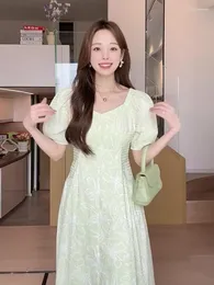 Casual Dresses Summer Korean Style Chic Temperament Gentle Slim Fit Show och färsk grön fragmenterad bubbelhylsklänning för kvinnor