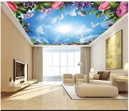 Bakgrundsbilder 3D Bakgrund Custom Takväggmålningar Landskap Mural Vackra blommor Vit Pigeon Sky Cloud