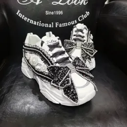 Womens Bowknot Rhinestones Sneakers Lace Up Platform High Heel Sport Shoes White Lolita Sweet Girls X-mas Gift 2023