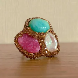 Klusterringar yygem 30mm odlad vit pärlgrön amazonite rosa kvarts druzy ring justerbar jubileum bröllop kvinnor smycken