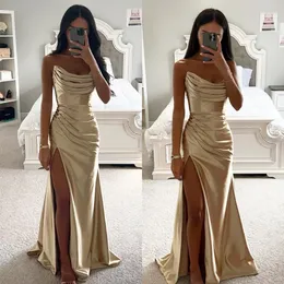 Fashion Champagne Gold Prom Dresses Strapless Evening Gowns Pleats Sheath Split Formal Red Carpet Long Special Ocn Party Dress 418