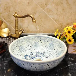 Lavandini in ceramica antica cinese Lavabo in porcellana Lavabo da appoggio in ceramica Lavelli da bagno Lavandino blu e bianco Ruftg