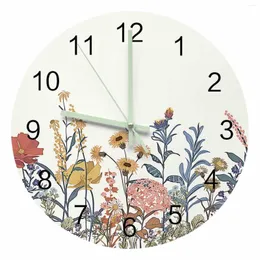 Настенные часы Винтажные цветочные ретро ретро растение световые указатели часы дома украшения круглой тихой гостиной офис декор