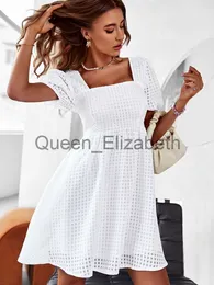 Casual Dresses MSFilia Elegant Dress Women Summer Solid Color Square Collar Kort ärm Hög midja En linje Kausalklänningar J230625