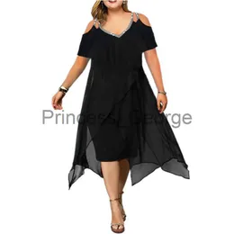 Casual Dresses Women's Curve Plus Size Dress Off The Shoulder V Neck Short Sleeve Sequins Black Irregular Chiffon Elegant Dresses 2023 Runway x0625
