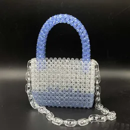 甘い段階的な青いハンドルハンドル斜めクロスビーズバッグ手作りの女性バッグ織り高品質のアクリルチェーン女性バッグ230625