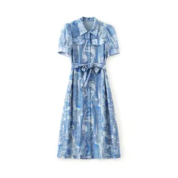 2023 Summer Blufloral Print midja bälte klänning Kort ärm Lapel Neck -knappar MIDI Casual Dresses W3L048701