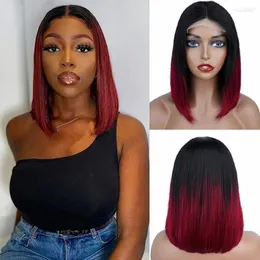 Burgundy 99J Ombre Lace Closure Human Hair Wigs with Baby Brazilian Remy T Part Bob Wig Preplucked