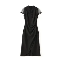 2023 Summer Black Solid Color Lace Dress Short Sleeve Round Neck Beaded Midi Casual Dresses W3L049611