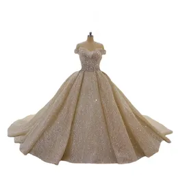 Luxe Champagne cristal robe de bal robes de mariée hors épaule robes de mariée strass brillants dubaï saoudien arabe grande taille