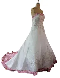 Pink Camo Wedding Dresses Embroidery Beaded Crystal Bridal Dresses White Satin Realtree Wedding Gowns with Lace up Back Court Train