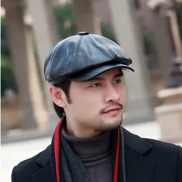 Gatsby Cap Men's Genuine Leather Warm Octagonal Cap Male Casual Vintage Newsboy Berets Hombre Driving Taxi Cabbie Hat Winter