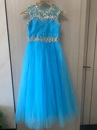 2023 Princess Blue Girls Pageant Dresses Jewel Neck Tulle Silver Crystal Beads Cap Sleeves Kids Flower Girls Dress Ball Gown Birthday Gowns Floor Length