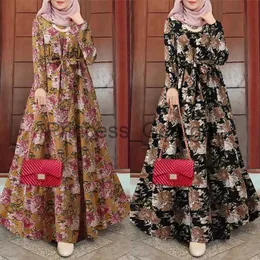 Sukienki swobodne Maroko Drukuj szata odzieży Ramadan Eid muzułmańskie kobiety z długim rękawem Kwiatowa sukienka Abaya Dubai Turcja Maxi Femme Musulman Caftan Arab x0625