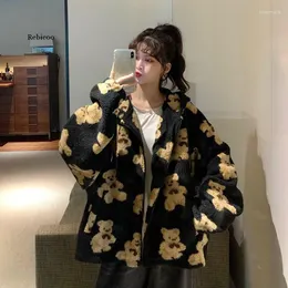 Kadın Ceketleri Karikatür Ayı Kuzu Yün Kadın Kapşonlu Ceket Sıradan Büyük Boyutlar Kış Giysileri Kadın Sevimli Koreli Ceketler