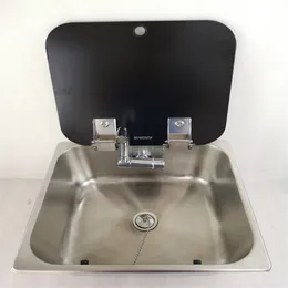 Paslanmaz Çelik Lavabo Temperli Cam Kapak 350*320*150mm Tekne Karavan RV GR-23150B