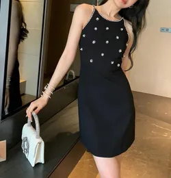 Casual Dresses New Maje Nail Pearl Rhinestone Pearl Sling Backless Little Black Dress