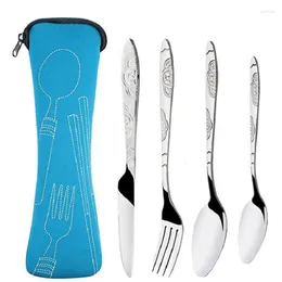 Dinnerware Sets 4Pcs/3Pcs Set Portable Printed Knifes Fork Spoon Stainless Steel Family Camping Steak Cutlery Tableware With Bag