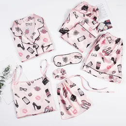 Kvinnors sömnkläder kvinnor vår sommarpyjamas set rosa tryckt 7 ste satin sömn kvinnlig avslappnad pyjamas kostym lös hemkläder