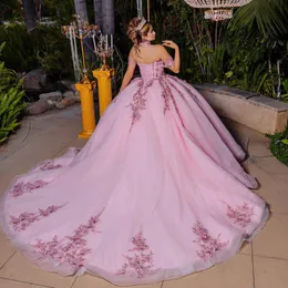 Pink Shiny Lace Princess Quinceanera Ball Ball Bassed Nappel Abito da festa 3D Sweet 16 Dress Vestido de Noiva