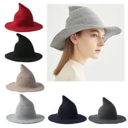 Halloween Cosplay Witch Hat Solid Color Wide Brim Wizard Pointy Bucket Cap Winter Warm Faux Wool Knitted Party Masquerade Hats