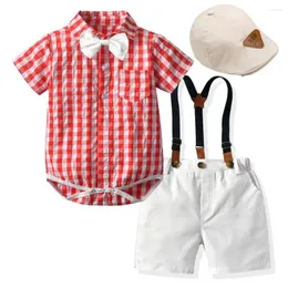 Kleidung Sets Jungen Baby Chlidren Sommer Baumwollkappe Strampler Shorts mit Gürtel 4 Stück Party Geburtstag Kid Gentleman Kostüm