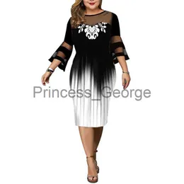 Casual Dresses Women's Elegant Plus Size Dress Print Crew Neck Ruched 34 Längd flare Sleeve Bodycon Curvy Dress Fall Outfits Women Vestidos X0625