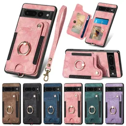 Shockproof Leather Ring Kickstand Card Slots Holder Wallet Cases For Pixel 7 Pro 7A 6A 6 Magnetic Stand RFID Phone Covers Funda with Lanyard
